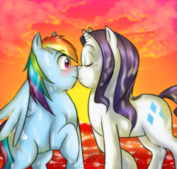 Size: 803x768 | Tagged: dead source, safe, artist:melancholysanctuary, rainbow dash (mlp), rarity (mlp), equine, fictional species, mammal, pegasus, pony, unicorn, feral, friendship is magic, hasbro, my little pony, beach, blushing, duo, duo female, feathered wings, feathers, female, female/female, feral/feral, horn, kissing, mare, raridash (mlp), shipping, sunset, tail, wings