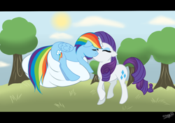 Size: 1280x900 | Tagged: dead source, safe, artist:katsuya93, rainbow dash (mlp), rarity (mlp), equine, fictional species, mammal, pegasus, pony, unicorn, feral, friendship is magic, hasbro, my little pony, cloud, duo, duo female, eyes closed, eyeshadow, feathered wings, feathers, female, female/female, folded wings, grass, horn, kissing, letterboxing, makeup, mare, on a cloud, raridash (mlp), shipping, smiling, sun, tail, tree, wings