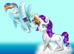 Size: 1100x800 | Tagged: dead source, safe, artist:girlformer, rainbow dash (mlp), rarity (mlp), equine, fictional species, mammal, pegasus, pony, unicorn, feral, friendship is magic, hasbro, my little pony, blushing, cloud, duo, eyeshadow, feathered wings, feathers, female, female/female, flying, frowning, horn, makeup, mare, on a cloud, raridash (mlp), shipping, smiling, tail, wings
