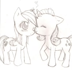 Size: 1698x1636 | Tagged: safe, artist:kandiikitsune, rainbow dash (mlp), rarity (mlp), equine, fictional species, mammal, pegasus, pony, unicorn, feral, friendship is magic, hasbro, my little pony, black and white, blushing, chibi, duo, duo female, female, female/female, grayscale, heart, horn, mare, monochrome, nuzzling, raridash (mlp), shipping, sketch, tail, traditional art