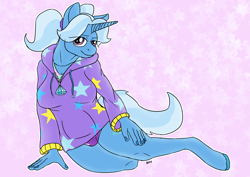 Size: 3507x2480 | Tagged: safe, artist:mcsplosion, furbooru exclusive, part of a set, trixie (mlp), equine, fictional species, mammal, pony, unicorn, anthro, unguligrade anthro, friendship is magic, hasbro, my little pony, anthrofied, clothes, female, high res, hoodie, hooves, horn, lidded eyes, looking at you, mare, pinup, purple eyes, smiling, solo, solo female, tail, topwear