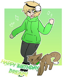 Size: 2048x2400 | Tagged: safe, artist:fbanon1, furbooru exclusive, cat, feline, human, mammal, feral, dream (youtuber), minecraft, youtube, birthday, blonde hair, bottomwear, brown fur, clothes, collar, cute, duo, english text, female, freckles, fur, green eyes, hair, high res, hoodie, jumping, light skin, male, mask, pants, patches (dream), pet and owner, simple background, text, topwear, transparent background, white fur, white outline