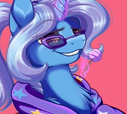 Size: 900x810 | Tagged: safe, artist:banoodle, trixie (mlp), equine, fictional species, mammal, pony, unicorn, feral, friendship is magic, hasbro, my little pony, chest fluff, ear fluff, female, fluff, food, glasses, horn, lollipop, looking at you, magic, magic aura, pink background, simple background, smiling, smug, solo, solo female, sunglasses