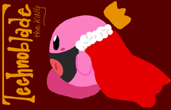 Size: 2048x1314 | Tagged: safe, artist:heyoitsvivi, oc, oc only, oc:technoblade, fictional species, puffball (kirby), feral, kirby (series), minecraft, nintendo, youtube, black eyes, blushing, cape, character name, crossover, crown, english text, male, mask, pink skin, red background, simple background, skin, sleepy boys inc, solo, solo male, species swap, standing, text