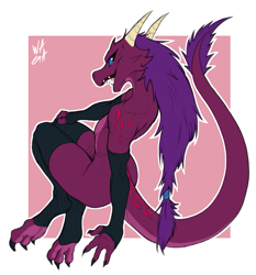 Size: 929x998 | Tagged: safe, artist:waga, fictional species, kobold, reptile, anthro, ambiguous gender, clothes, fangs, hair, horns, legwear, paws, purple hair, rear view, signature, solo, solo ambiguous, stockings, tail, teeth, underpaw