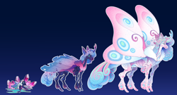 Size: 3655x1969 | Tagged: safe, artist:turnipberry, princess flurry heart (mlp), arthropod, changeling, changeling queen, equine, fictional species, feral, friendship is magic, hasbro, my little pony, age progression, alternate universe, blue background, chest fluff, crystal, egg, eggshell, female, fluff, goo, green eyes, hatchling, horn, insect wings, self paradox, simple background, slit pupils, solo, solo female, sparkles, species swap, spread wings, white outline, wings
