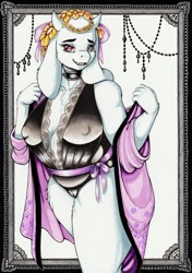 Size: 1442x2048 | Tagged: suggestive, artist:longinius, toriel (undertale), bovid, goat, mammal, anthro, undertale, breasts, cameltoe, cleavage, clothes, female, floppy ears, horns, lingerie, nightgown, solo, solo female, traditional art, underwear