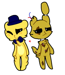 Size: 710x826 | Tagged: safe, artist:puqpaws, golden freddy (fnaf), springtrap (fnaf), animatronic, bear, lagomorph, mammal, rabbit, robot, anthro, five nights at freddy's, 2015, anthro/anthro, black sclera, bow tie, chibi, clothes, colored sclera, cute, duo, duo male, fur, goldtrap (fnaf), hat, heart, interspecies, male, male/male, males only, shipping, simple background, transparent background, white pupils, wire, yellow fur