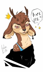 Size: 768x1280 | Tagged: safe, artist:blue_formalin, oc, oc only, cervid, deer, mammal, anthro, ambiguous gender, antlers, bust, clothes, signature, simple background, solo, solo ambiguous, talking, white background