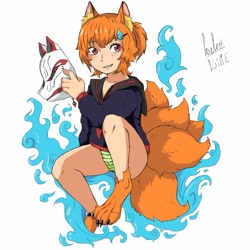 Size: 1081x1081 | Tagged: safe, artist:blue_formalin, oc, oc only, canine, fictional species, fox, human, kitsune, mammal, clothes, female, fire, five tails, grin, mask, multiple tails, panties, signature, simple background, sitting, smiling, solo, solo female, tail, tail growth, transformation, underwear, white background