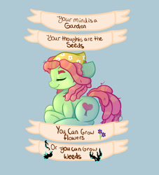 Size: 1000x1100 | Tagged: safe, artist:mdragonflame, tree hugger (mlp), earth pony, equine, fictional species, mammal, pony, feral, friendship is magic, hasbro, my little pony, drugs, english text, female, flower, mare, motivational, plant, solo, solo female, text, weed