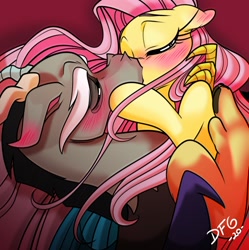 Size: 1992x2001 | Tagged: safe, artist:dragonfoxgirl, discord (mlp), fluttershy (mlp), draconequus, equine, fictional species, mammal, pegasus, pony, feral, semi-anthro, friendship is magic, hasbro, my little pony, discoshy (mlp), female, interspecies, kissing, male, male/female, mare, passionate, semi-anthro/feral, shipping, signature, tail