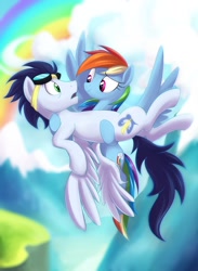 Size: 1024x1402 | Tagged: safe, artist:lattynskit, rainbow dash (mlp), soarin' (mlp), equine, fictional species, mammal, pegasus, pony, feral, semi-anthro, friendship is magic, hasbro, my little pony, bridal carry, carrying, cute, female, male, male/female, mare, shipping, soarindash (mlp), stallion, wings