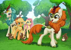 Size: 680x481 | Tagged: safe, artist:kyotoleopard, applejack (mlp), autumn blaze (mlp), fluttershy (mlp), rain shine (mlp), earth pony, equine, fictional species, kirin, mammal, pegasus, pony, rodent, squirrel, feral, friendship is magic, hasbro, my little pony, apple, feathered wings, feathers, female, folded wings, grass, group, happy, horn, mare, open mouth, smiling, tail, tree, wings