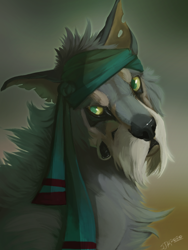 Size: 600x800 | Tagged: safe, artist:llutra, oc, oc only, canine, dog, mammal, feral, abstract background, bandanna, fur, gray fur, green eyes, male, signature, solo, solo male