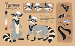 Size: 1750x1069 | Tagged: safe, artist:mistrel-fox, oc, oc only, oc:tyrone (anthonymutt), canine, dog, hybrid, mammal, procyonid, raccoon, feral, semi-anthro, bandanna, brown background, character name, clothes, collar, fur, goggles, gray fur, hair, male, reference sheet, scarf, simple background, solo, solo male, spiked collar, tan fur, text, white hair