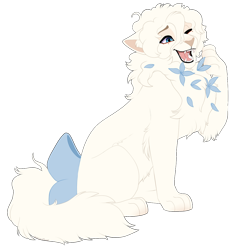Size: 1280x1280 | Tagged: safe, artist:purespiritflower, oc, oc only, cat, feline, mammal, feral, blue eyes, bow, chest fluff, ear fluff, female, flower, fluff, fur, hair, head fluff, neck fluff, one eye closed, paws, simple background, sitting, solo, solo female, tail, tail bow, transparent background, white body, white fur, white hair