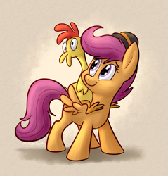 Size: 879x921 | Tagged: safe, artist:orlandofox, boneless (mlp), scootaloo (mlp), equine, fictional species, mammal, pegasus, pony, feral, friendship is magic, hasbro, my little pony, 2d, clothes, cute, female, filly, foal, hat, rubber chicken, solo, solo female, tail, toy, ungulate, wings, young