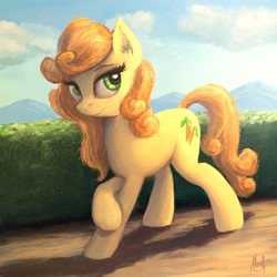 Size: 1280x1280 | Tagged: safe, artist:magfen, golden harvest (mlp), earth pony, equine, fictional species, mammal, pony, feral, friendship is magic, hasbro, my little pony, cutie mark, ears, female, fur, green eyes, hair, hooves, looking at something, mare, shadow, solo, solo female, standing, tail