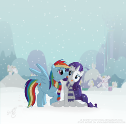 Size: 2746x2687 | Tagged: safe, artist:skipsy, rainbow dash (mlp), rarity (mlp), equine, fictional species, mammal, pegasus, pony, unicorn, feral, friendship is magic, hasbro, my little pony, :p, affection, blep, clothes, cutie mark, duo, duo female, feathered wings, feathers, female, female/female, high res, horn, licking, mare, ponyville, raridash (mlp), scarf, shipping, sitting, snow, tail, tongue, tongue out, windmill, wings