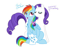 Size: 666x500 | Tagged: dead source, safe, artist:lulubell, rainbow dash (mlp), rarity (mlp), equine, fictional species, mammal, pegasus, pony, unicorn, feral, friendship is magic, hasbro, my little pony, blushing, clothes, cutie mark, dialogue, duo, duo female, eyes closed, eyeshadow, feathered wings, feathers, female, female/female, feral/feral, flirting, folded wings, horn, kissing, makeover, makeup, mare, open mouth, raridash (mlp), shipping, socks, tail, talking, wings
