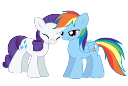 Size: 1112x751 | Tagged: safe, artist:selective-yellow, rainbow dash (mlp), rarity (mlp), equine, fictional species, mammal, pegasus, pony, unicorn, feral, friendship is magic, hasbro, my little pony, blushing, cutie mark, duo, duo female, eyes closed, feathered wings, feathers, female, female/female, feral/feral, folded wings, horn, mare, raridash (mlp), shipping, smiling, tail, wings