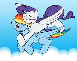 Size: 1000x800 | Tagged: safe, artist:kloudmutt, rainbow dash (mlp), rarity (mlp), alicorn, equine, fictional species, mammal, pegasus, pony, unicorn, feral, friendship is magic, hasbro, my little pony, cloud, cutie mark, duo, eyes closed, feathered wings, feathers, female, female/female, flying, horn, mare, open mouth, race swap, raridash (mlp), scared, sky, smiling, spread wings, tail, wings