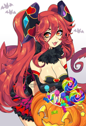 Size: 800x1167 | Tagged: suggestive, artist:queenashi, animal humanoid, dragon, fictional species, mammal, humanoid, dragalia lost, nintendo, bra, breasts, candy, cleavage, clothes, female, food, gradient background, hair, halloween, holiday, horns, jack-o-lantern, looking at you, mym (dragalia lost), open mouth, orange eyes, pumpkin, red hair, signature, solo, solo female, sparkly eyes, tail, text, underwear, vegetables, watermark, wingding eyes