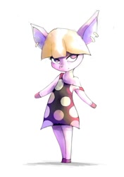 Size: 847x1200 | Tagged: dead source, safe, artist:disastral, fuchsia (animal crossing), cervid, deer, mammal, anthro, animal crossing, nintendo, 2d, arm hooves, clothes, doe, dress, ear piercing, female, hooves, lidded eyes, off shoulder, piercing, simple background, solo, solo female, white background