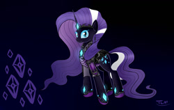 Size: 1280x809 | Tagged: safe, artist:thelunararmy, nightmare rarity (mlp), rarity (mlp), equine, fictional species, mammal, pony, unicorn, feral, friendship is magic, hasbro, idw my little pony, my little pony, armor, clothes, cutie mark, female, horn, mare, shoes, signature, smiling, solo, solo female, tail