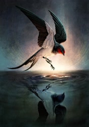 Size: 2480x3508 | Tagged: safe, artist:nadineschaekel, barn swallow, bird, songbird, swallow, feral, abstract background, ambiguous gender, beak, bird feet, black feathers, feathered wings, feathers, flying, high res, realistic, red feathers, reflection, solo, solo ambiguous, spread wings, tail, tail feathers, teal body, teal feathers, water, wings