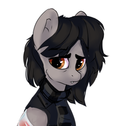 Size: 3000x3000 | Tagged: safe, artist:shooshaa, equine, fictional species, mammal, pegasus, pony, feral, friendship is magic, gerard way, hasbro, my chemical romance, my little pony, 2020, bags under eyes, bandage, black hair, black mane, blood, broken wing, brown eyes, bust, clothes, commission, digital art, eye through hair, eyebrow through hair, eyebrows, fangs, feralized, frowning, fur, furrified, gray fur, hair, hair over one eye, high res, jacket, male, mane, ponified, scarf, simple background, solo, solo male, stallion, teeth, topwear, transparent background, wings, ych result