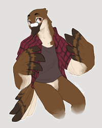 Size: 2000x2500 | Tagged: safe, artist:saintxd, oc, oc only, oc:skarneti, bird, pigeon, anthro, 2019, beak, bottomless, brown feathers, chequered, clothes, cream feathers, eyebrows, feathered wings, feathers, featureless crotch, high res, male, nudity, orange eyes, partial nudity, signature, solo, solo male, tail, tail feathers, topwear, wing hands, wings