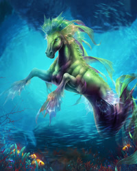 Size: 720x900 | Tagged: safe, artist:tira-owl, clownfish, equine, fictional species, fish, hippocampus, mammal, feral, ambient wildlife, ambiguous gender, digital art, fins, fish tail, green eyes, ocean, scales, solo, solo ambiguous, tail, underwater, water
