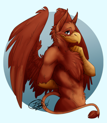 Size: 1000x1155 | Tagged: safe, artist:ezrastarscale, oc, oc:con (icansee), bird, feline, fictional species, gryphon, mammal, anthro, beak, chest fluff, feathered wings, feathers, fluff, solo, wings