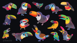 Size: 900x506 | Tagged: safe, artist:pikaole, aracari, bird, channel-billed toucan, choco toucan, citron-throated toucan, curl-crested aracari, emerald toucanet, green-billed toucan, grey-breasted mountain toucan, guianan toucanet, keel-billed toucan, plate-billed mountain toucan, red-billed toucan, red-necked aricari, saffron toucanet, spot-billed toucanet, toco toucan, toucan, toucanet, white-throated toucan, feral, beak, black background, black eyes, black feathers, blue feathers, brown feathers, digital art, feathers, folded wings, green feathers, open beak, open mouth, orange feathers, red feathers, signature, simple background, tail, tail feathers, white feathers, wings, yellow feathers