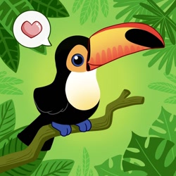 Size: 800x800 | Tagged: safe, artist:kiwipanic, bird, toco toucan, toucan, feral, 1:1, 2d, ambiguous gender, beak, black feathers, blue eyes, branch, claws, cute, digital art, feathered wings, feathers, featured image, folded wings, green background, heart, leaf, orange feathers, perching, simple background, solo, solo ambiguous, speech bubble, tail, tail feathers, talons, tree branch, white feathers, wings