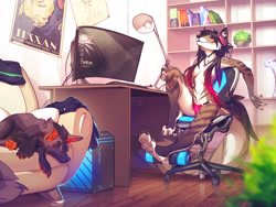 Size: 1200x902 | Tagged: safe, artist:kyander, oc, oc:marcy (rudiger111), canine, fox, mammal, wolf, anthro, feral, books, chair, claws, clothes, computer, couch, desk, ear fluff, ears, eyes closed, fluff, hair, lying down, monitor, neck fluff, panties, paw pads, paws, plant, plushie, sitting, tail, tail fluff, underpaw, underwear