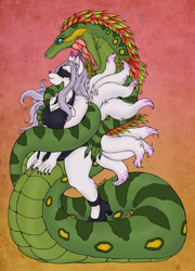 Size: 1500x2081 | Tagged: suggestive, artist:eveara, alolan ninetales, canine, fictional species, fox, mammal, ninetales, reptile, snake, anthro, naga, nintendo, pokémon, anthrofied, blindfold, breasts, carnivore, clothes, coiling, dress, female, imminent vore, male, snake tail, story included, tail