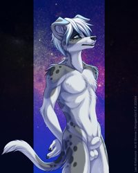 Size: 600x750 | Tagged: suggestive, artist:shinigamigirl, canine, dog, mammal, anthro, animal genitalia, balls, belly button, black claws, blue eyes, chest fluff, claws, digital art, fluff, fur, hair, hands behind back, male, nudity, sheath, sheathed, solo, solo male, tail, white fur, white hair
