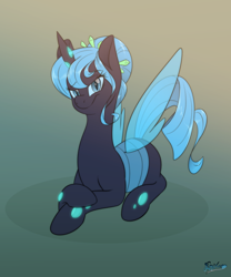 Size: 2500x3000 | Tagged: safe, artist:fluffyxai, oc, oc only, oc:queen polistae, arthropod, changeling, changeling queen, equine, fictional species, feral, friendship is magic, hasbro, my little pony, commission, female, hair, hair bun, high res, horn, sitting, smiling, solo, solo female, wings