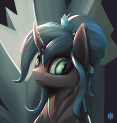 Size: 1564x1644 | Tagged: safe, artist:noctilucent-arts, oc, oc only, oc:queen polistae, arthropod, changeling, changeling queen, equine, fictional species, feral, friendship is magic, hasbro, my little pony, bust, commission, female, hair, hair bun, horn, portrait, solo, solo female