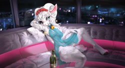 Size: 2200x1206 | Tagged: suggestive, artist:fruitbloodmilkshake, bovid, caprine, mammal, sheep, anthro, alcohol, blushing, breasts, clothes, dress, drink, female, horns, looking at you, see-through, skyline, solo, solo female, wine, wine bottle, wine glass