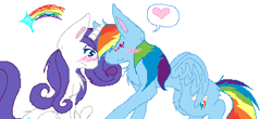 Size: 405x179 | Tagged: dead source, safe, artist:tsukaimonboom, rainbow dash (mlp), rarity (mlp), equine, fictional species, mammal, pegasus, pony, unicorn, feral, friendship is magic, hasbro, my little pony, blushing, duo, duo female, feathered wings, feathers, female, female/female, feral/feral, fluff, folded wings, heart, horn, looking at each other, low res, mare, rainbow, raridash (mlp), shipping, simple background, tail, white background, wings