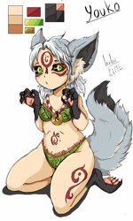 Size: 768x1280 | Tagged: safe, artist:blue_formalin, oc, oc only, canine, fox, mammal, humanoid, 2016, bikini, clothes, ears, female, kneeling, paw pads, paws, reference sheet, signature, solo, solo female, swimsuit, tail, underpaw