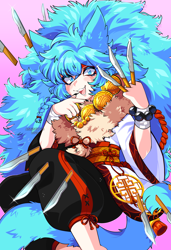 Size: 840x1225 | Tagged: safe, artist:queenashi, oc, oc only, oc:misha kaya, animal humanoid, fictional species, mammal, humanoid, blue eyes, blue hair, femboy, fluff, gradient background, hair, knife, looking at you, male, solo, solo male
