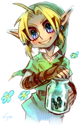 Size: 640x998 | Tagged: safe, artist:sui-yumeshima, link (zelda), arthropod, beetle, elf, fictional species, hylian, insect, mammal, feral, humanoid, lifelike feral, nintendo, the legend of zelda, ambient wildlife, ambiguous gender, jar, looking at you, male, male focus, non-sapient, not furry focus, realistic, simple background, solo focus, white background