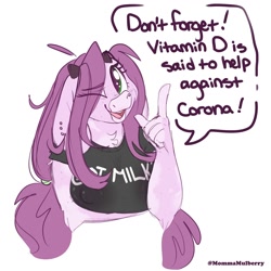 Size: 2000x2000 | Tagged: safe, artist:mulberrytarthorse, oc, oc only, oc:mulberry tart, bovid, cattle, cow, mammal, anthro, clothes, coronavirus, female, floppy ears, high res, horns, nipple outline, one eye closed, shirt, solo, solo female, topwear