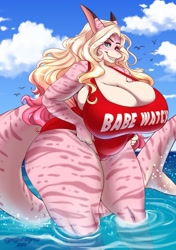 Size: 827x1176 | Tagged: suggestive, artist:tiggybloom, fish, shark, anthro, breasts, cleavage, clothes, fat, female, fins, fish tail, huge breasts, lifeguard, shark tail, solo, solo female, swimsuit, tail, thick thighs, thighs, wide hips