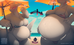 Size: 2048x1243 | Tagged: suggestive, artist:sharkstuffnsfw, fish, shark, anthro, 2020, annoyed, beach, belly, big belly, big breasts, bikini, breasts, clothes, death, digestion, fat, female, fins, fish tail, impossible fit, shark tail, solo, solo female, stomach noise, stuffed, swimsuit, tail, vore, weight gain